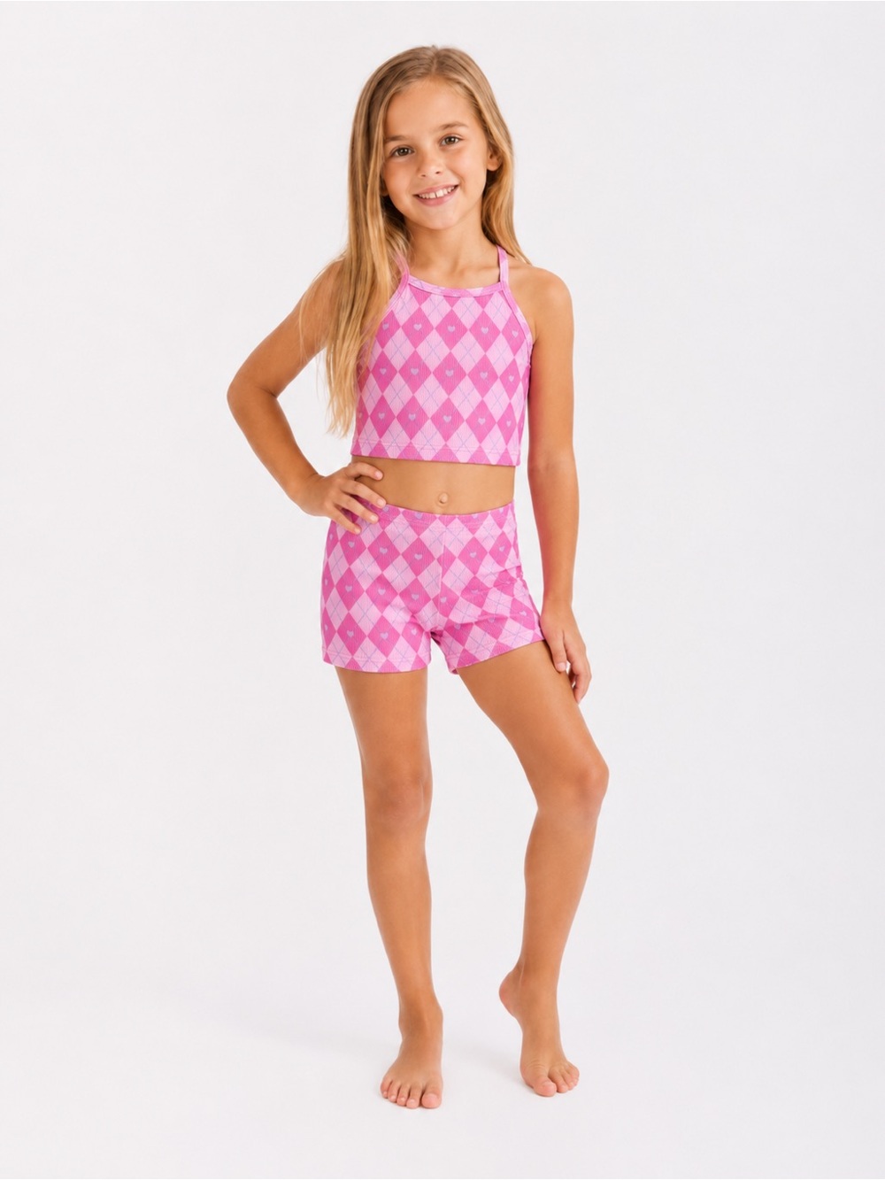 Beach Riot Sport Kids Cross My Heart Pink Argyle Crop Tank Top Girls 7/8